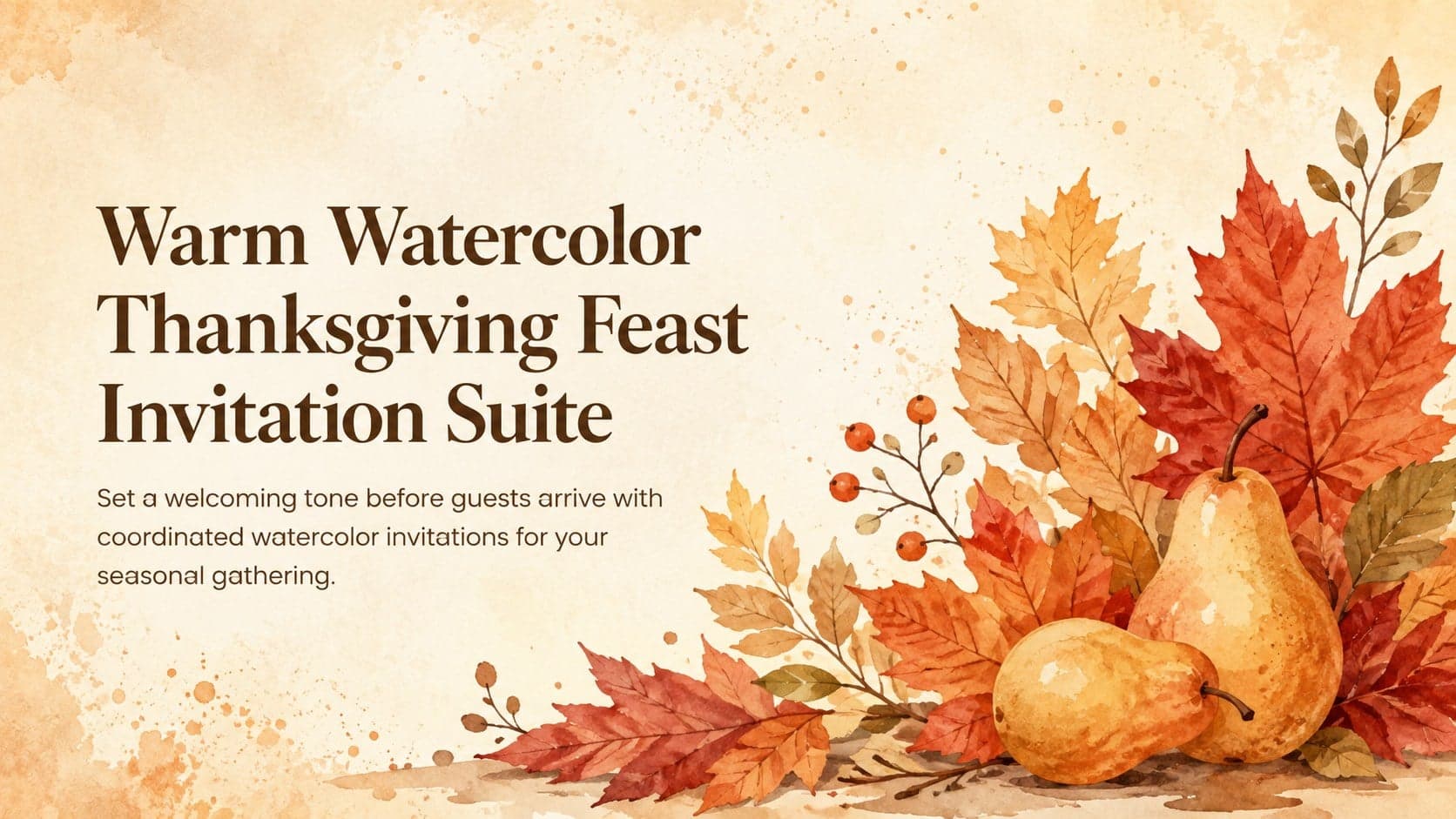 Cover of the Warm Watercolor Thanksgiving Feast Invitation Suite with painted autumn leaves and a welcoming seasonal table motif.