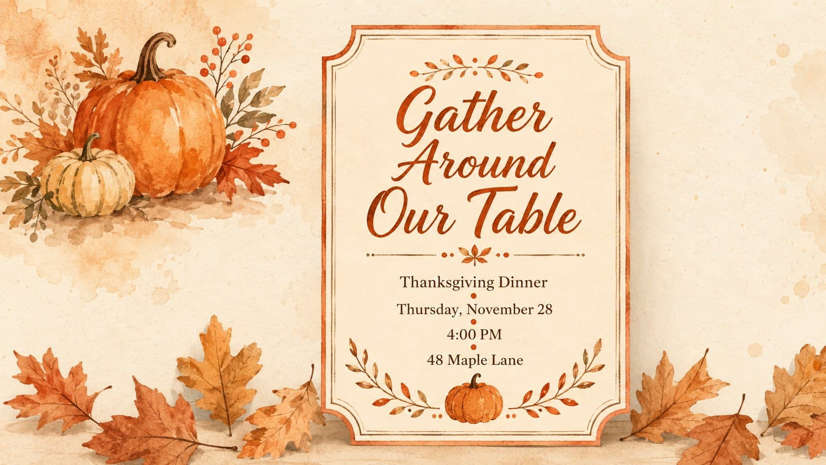 Watercolor Thanksgiving feast invitation slide featuring dinner details framed by autumn foliage.
