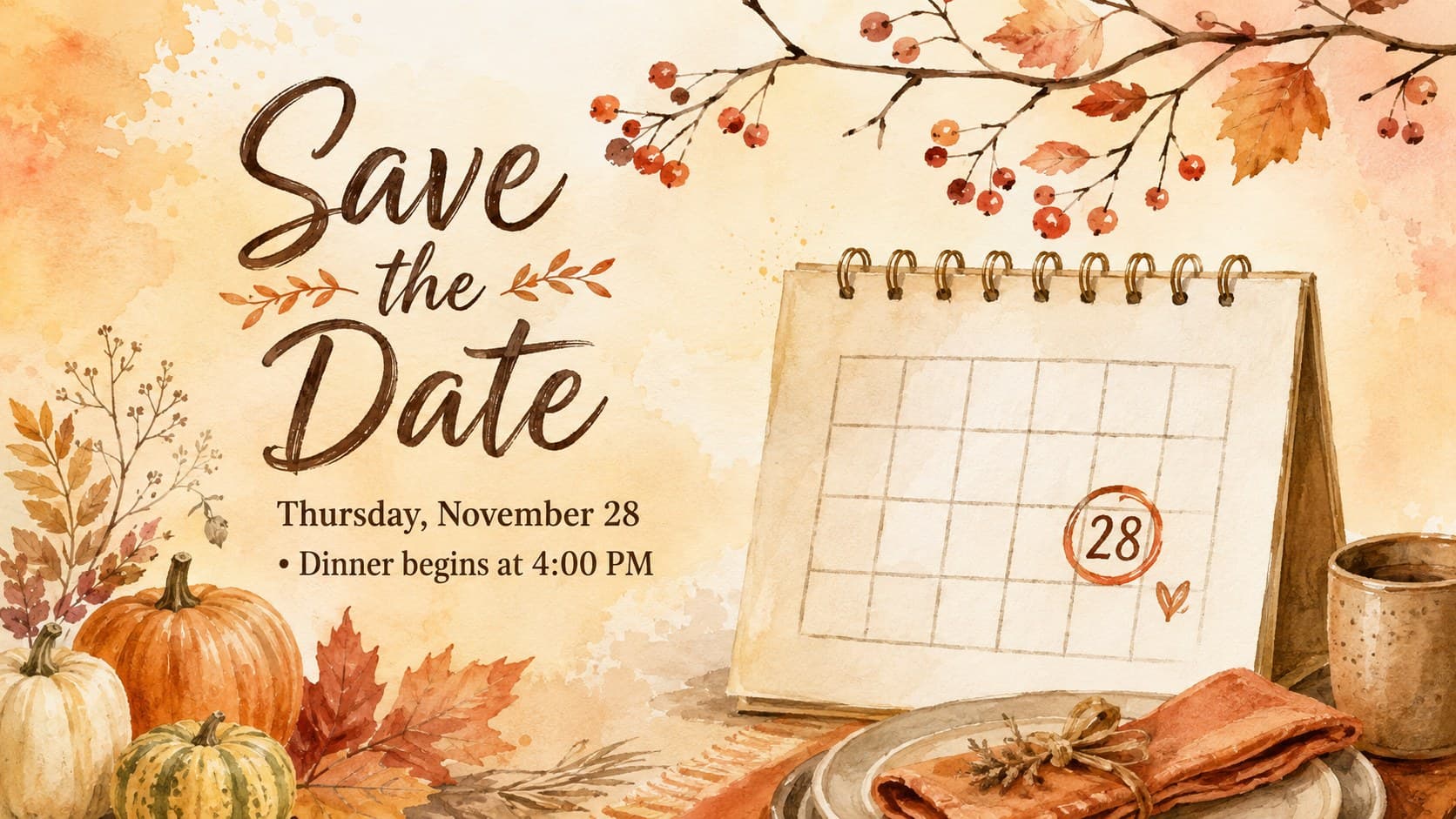 Autumn save-the-date slide from a watercolor Thanksgiving invitation template.