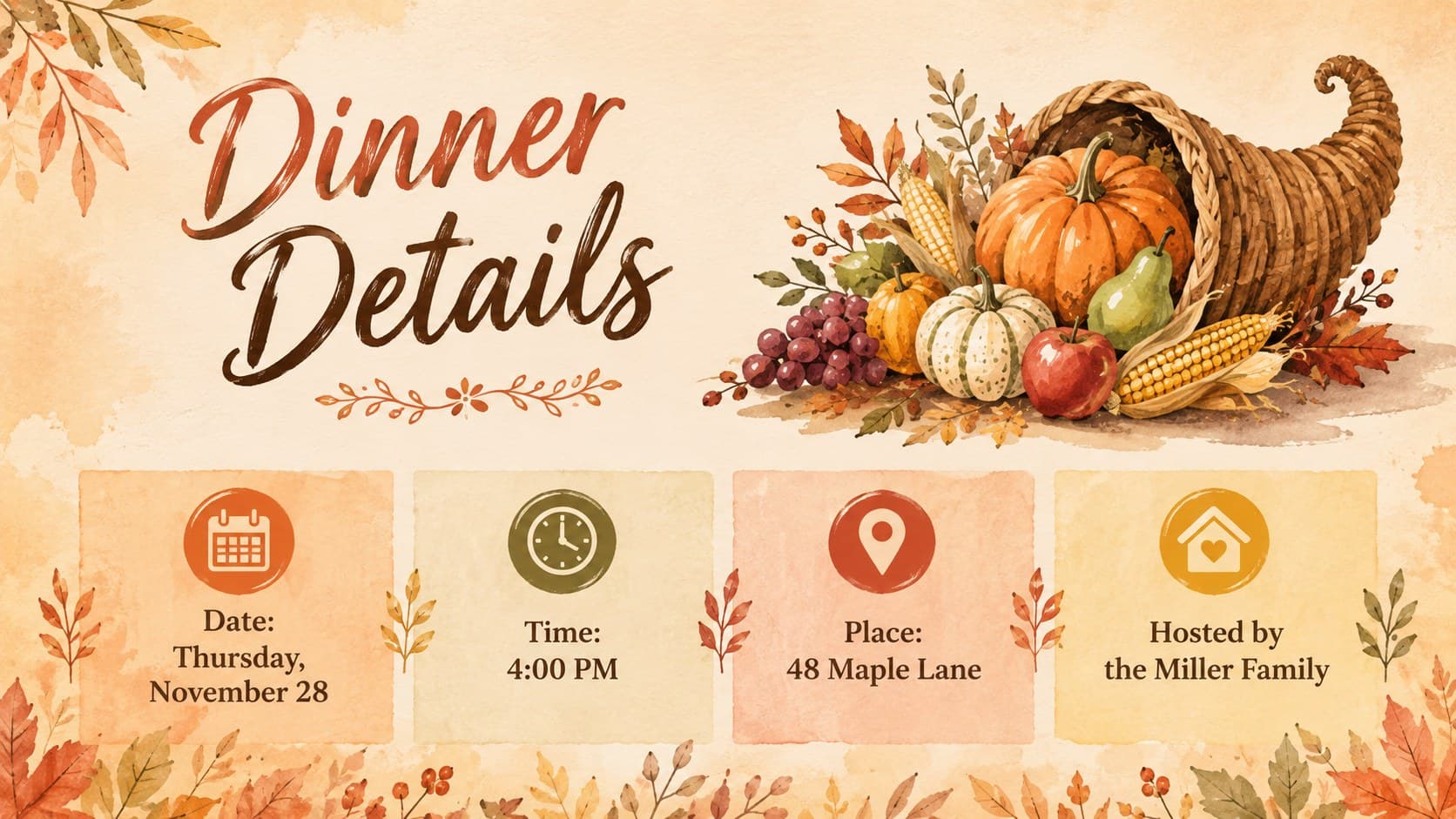 Editable fall dinner invitation presentation slide listing the date, time, venue, and host.
