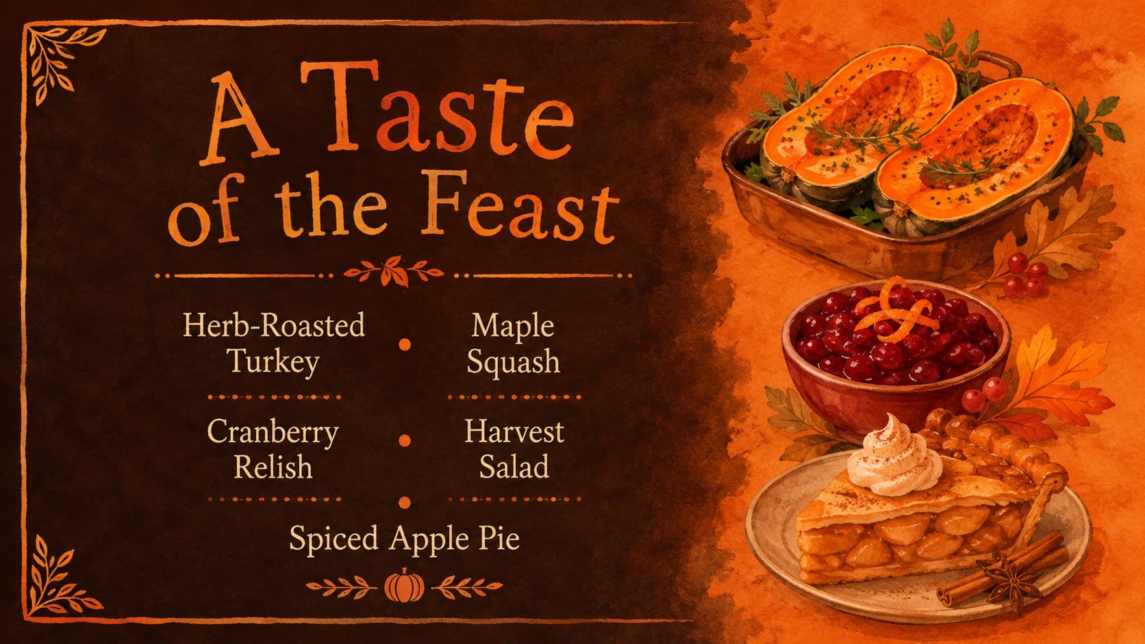 Thanksgiving dinner menu preview with watercolor food illustrations in warm orange and brown.
