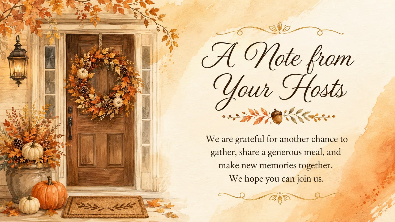 Warm host message slide with watercolor foliage for a family Thanksgiving dinner invitation.