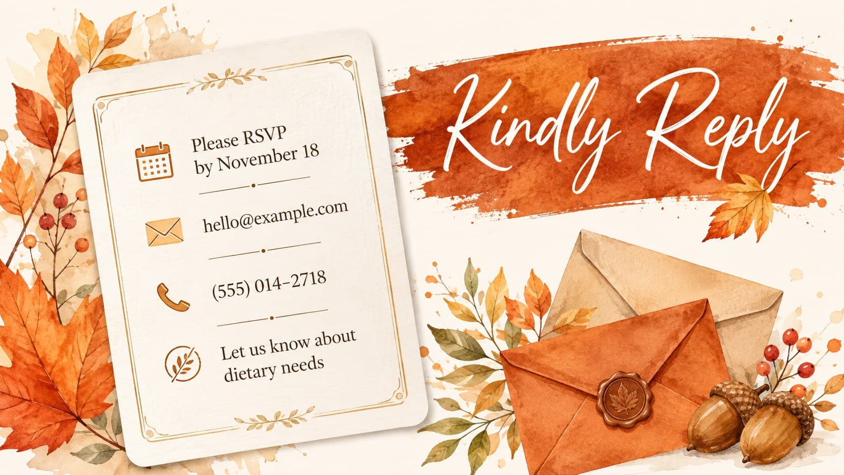 Thanksgiving RSVP presentation template with response deadline and contact information.