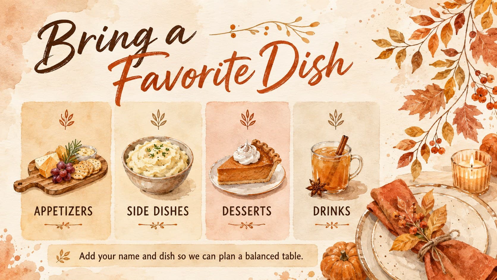 Friendsgiving potluck invitation slide organizing appetizers, sides, desserts, and drinks.