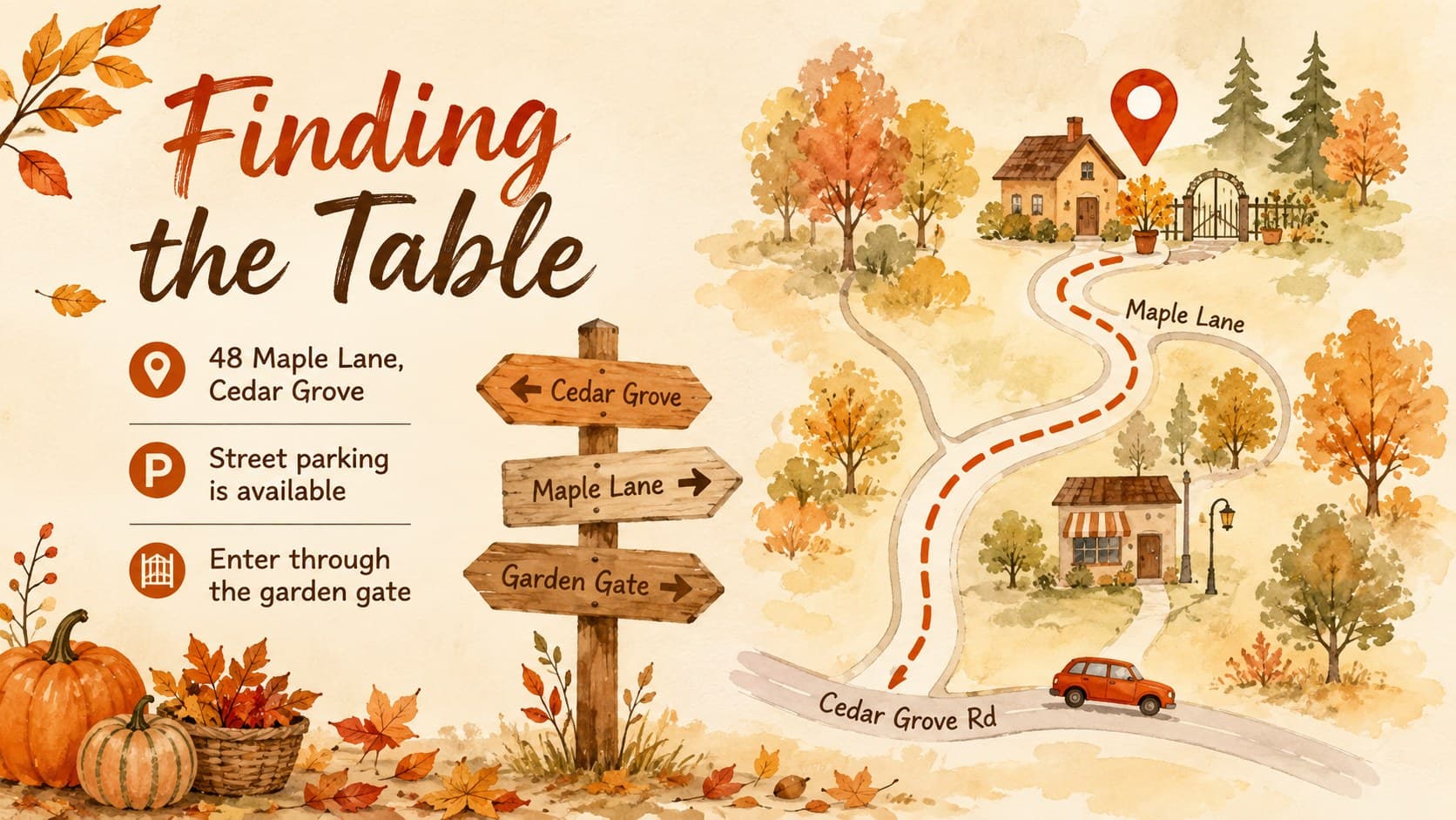 Venue directions slide for an autumn banquet invitation with a simple watercolor route map.