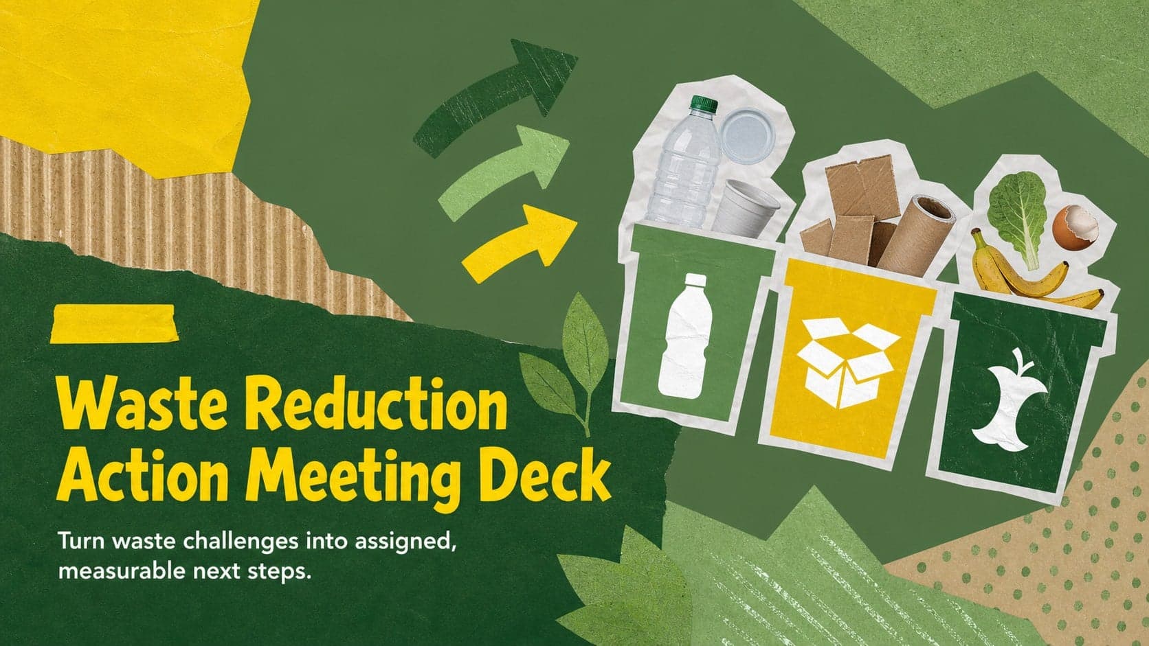 Cover of the Waste Reduction Action Meeting Deck in a modern green-and-yellow collage style.