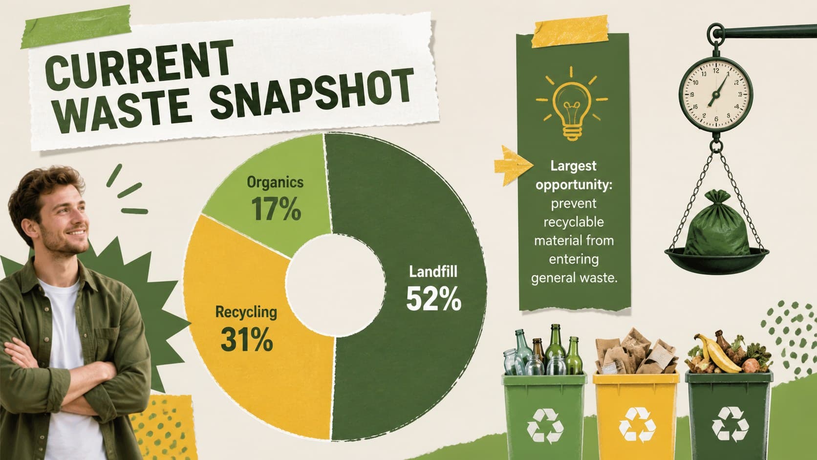 Waste audit snapshot showing landfill, recycling, and organic material percentages.