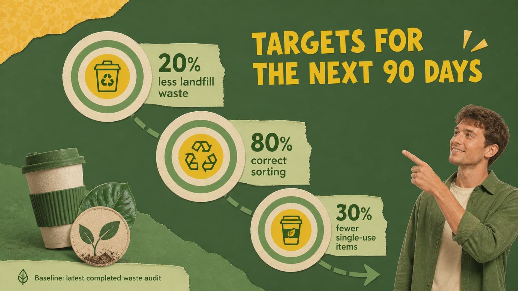 Waste reduction goals slide featuring three measurable sustainability targets.