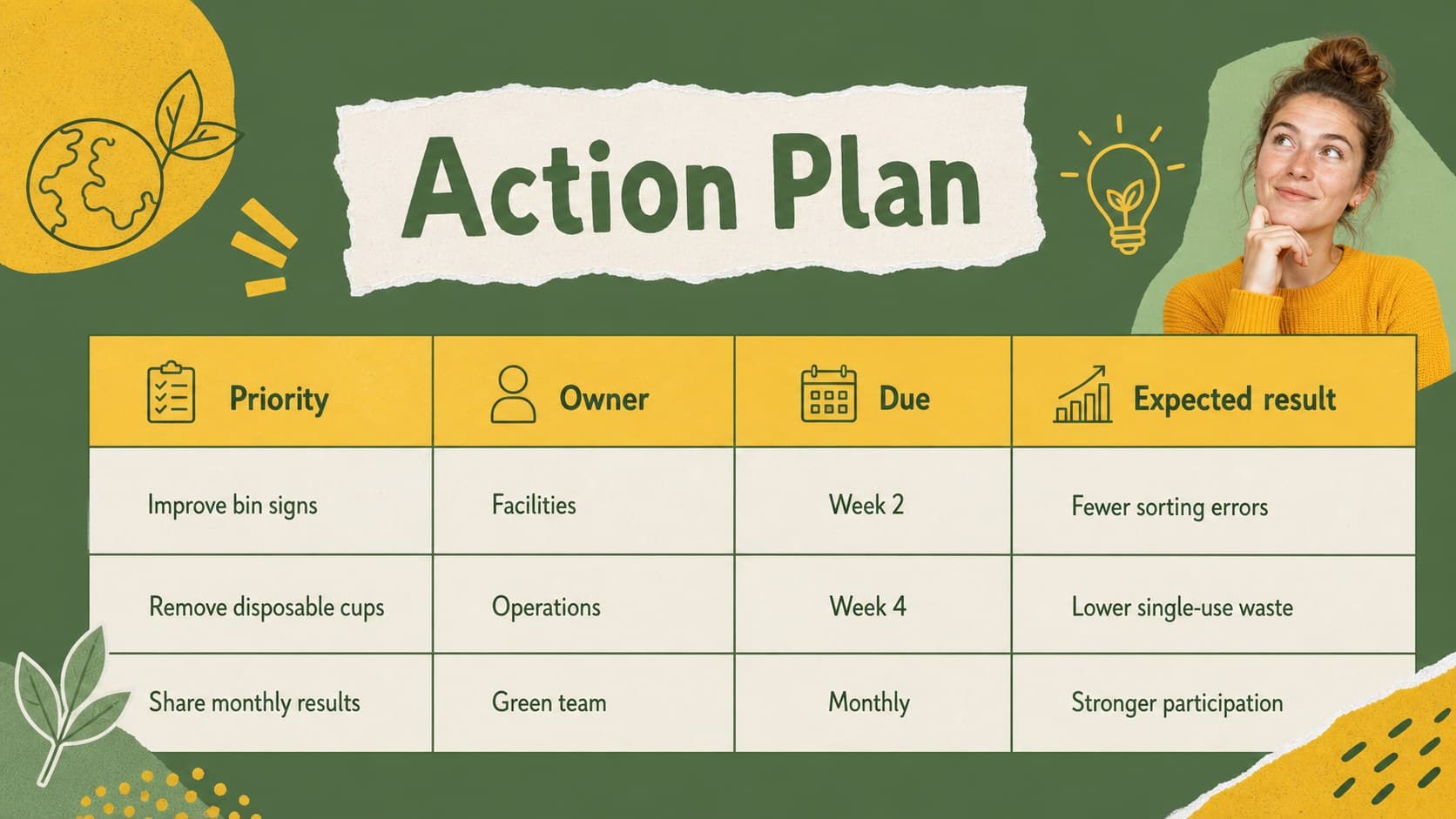 Waste reduction action plan table listing priorities, owners, deadlines, and outcomes.