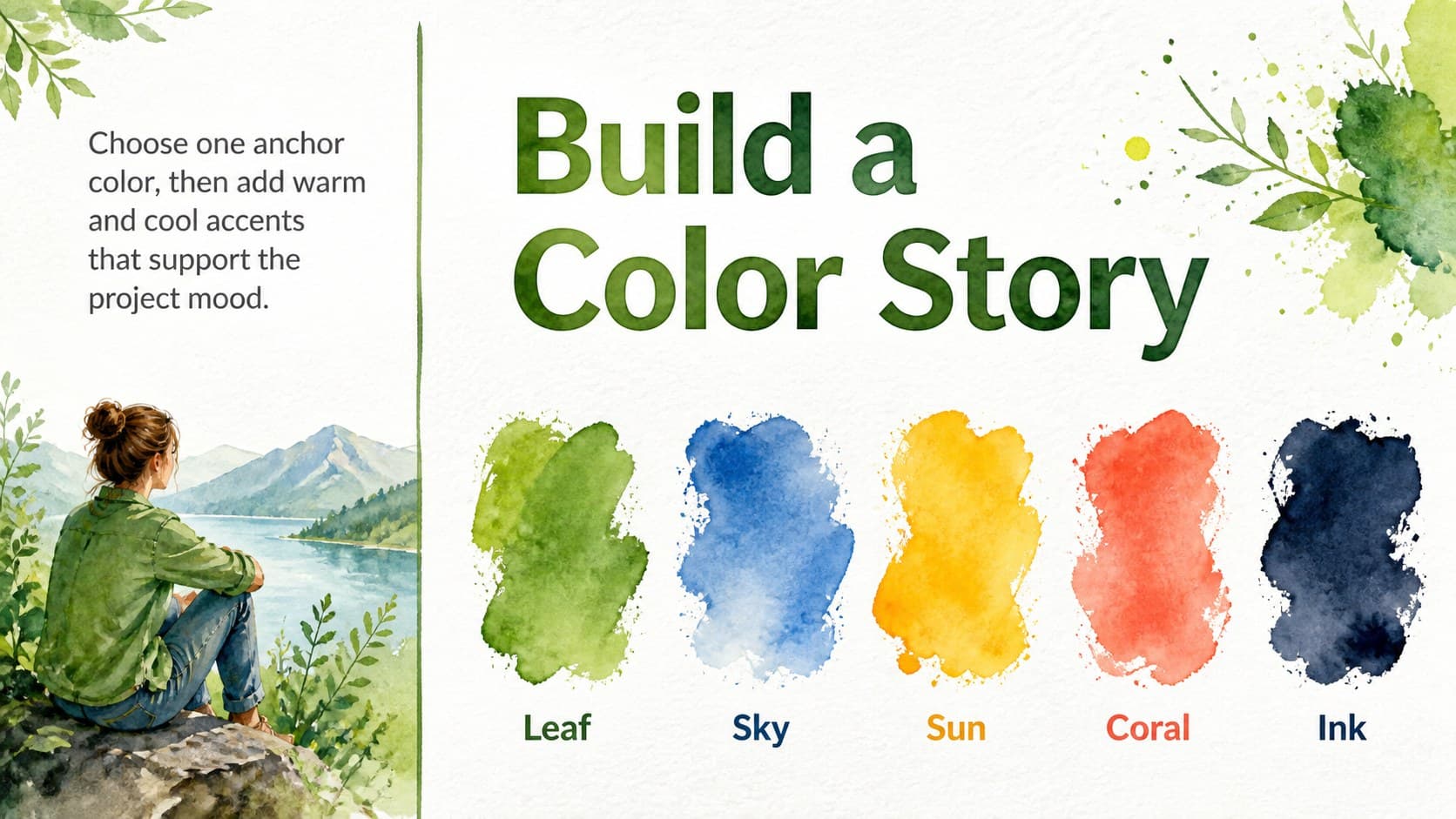 Color story page from a colorful arts education deck showing five watercolor swatches.