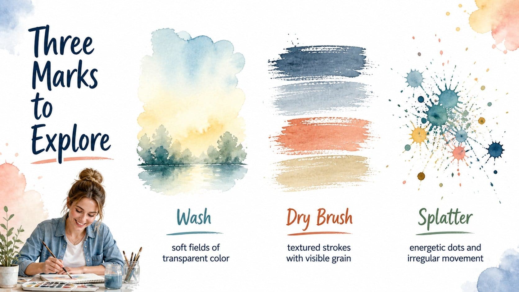 Art class PowerPoint deck page comparing wash, dry brush and splatter painting techniques.