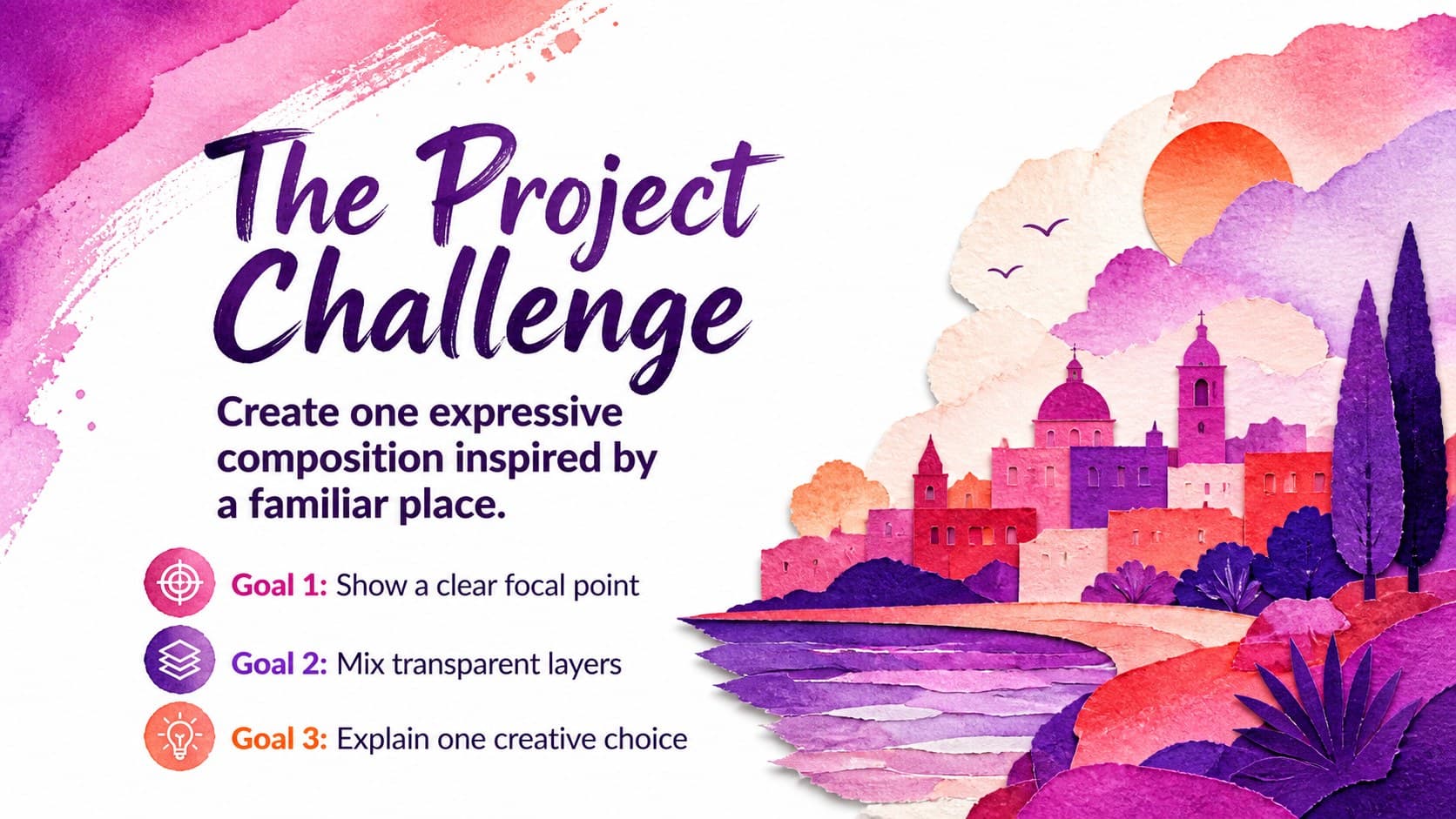Creative project presentation slide defining a workshop challenge and three project goals.