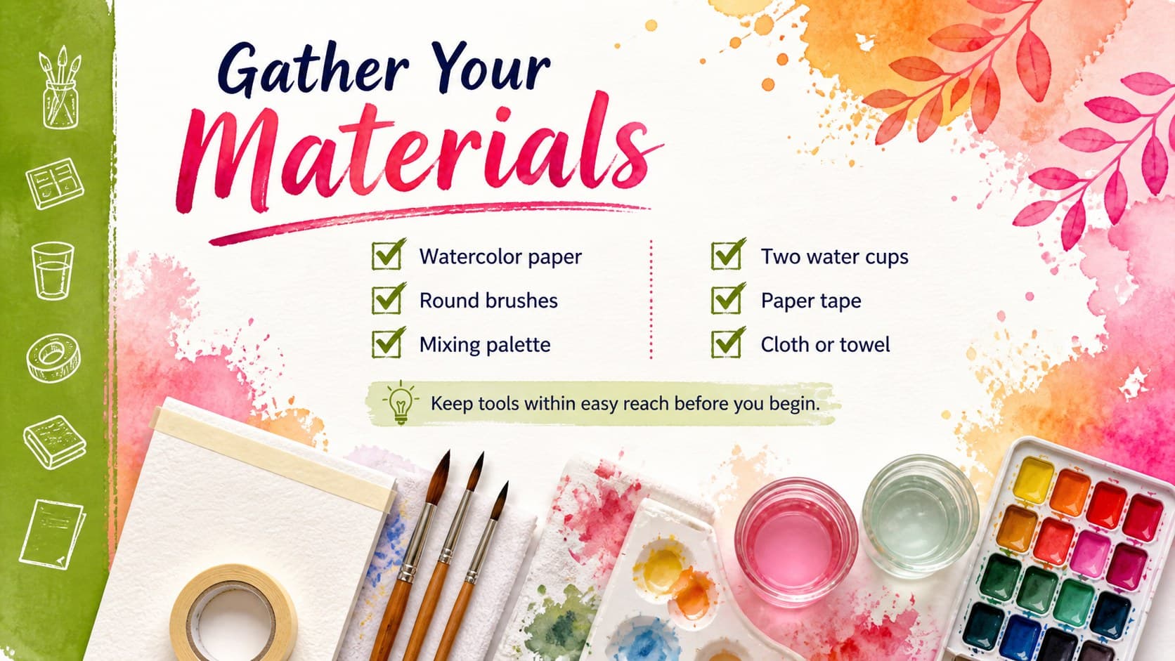 Craft workshop presentation template page listing essential watercolor materials and tools.