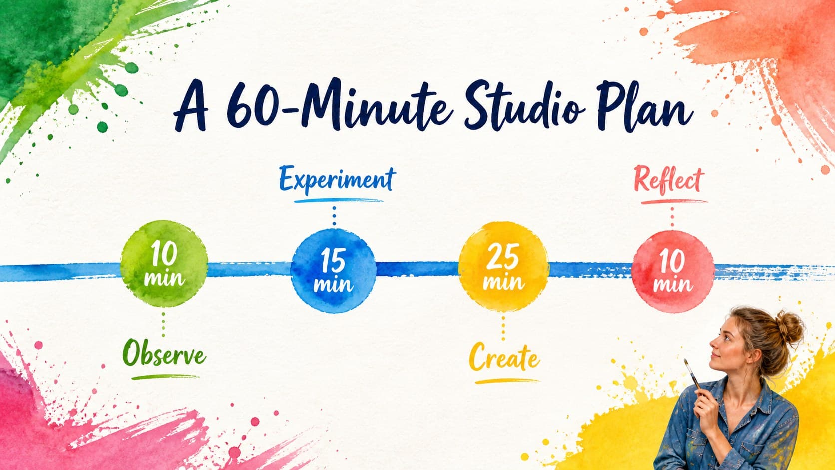 Painterly Google Slides theme page showing a four-part workshop schedule in bright colors.