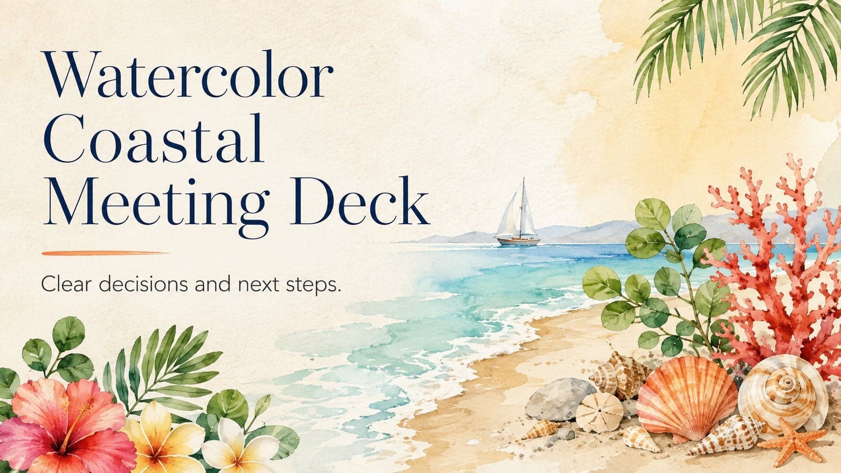 Cover of the Watercolor Coastal Meeting Deck with warm beige space and colorful hand-painted seaside foliage.