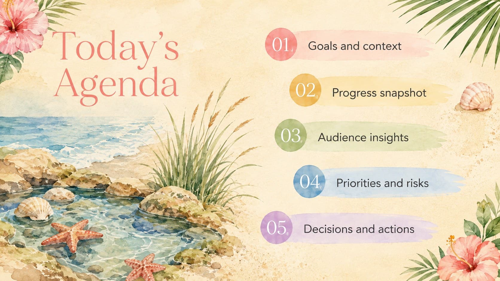 Illustrated ocean meeting agenda with five business discussion topics arranged beside watercolor coastal artwork.