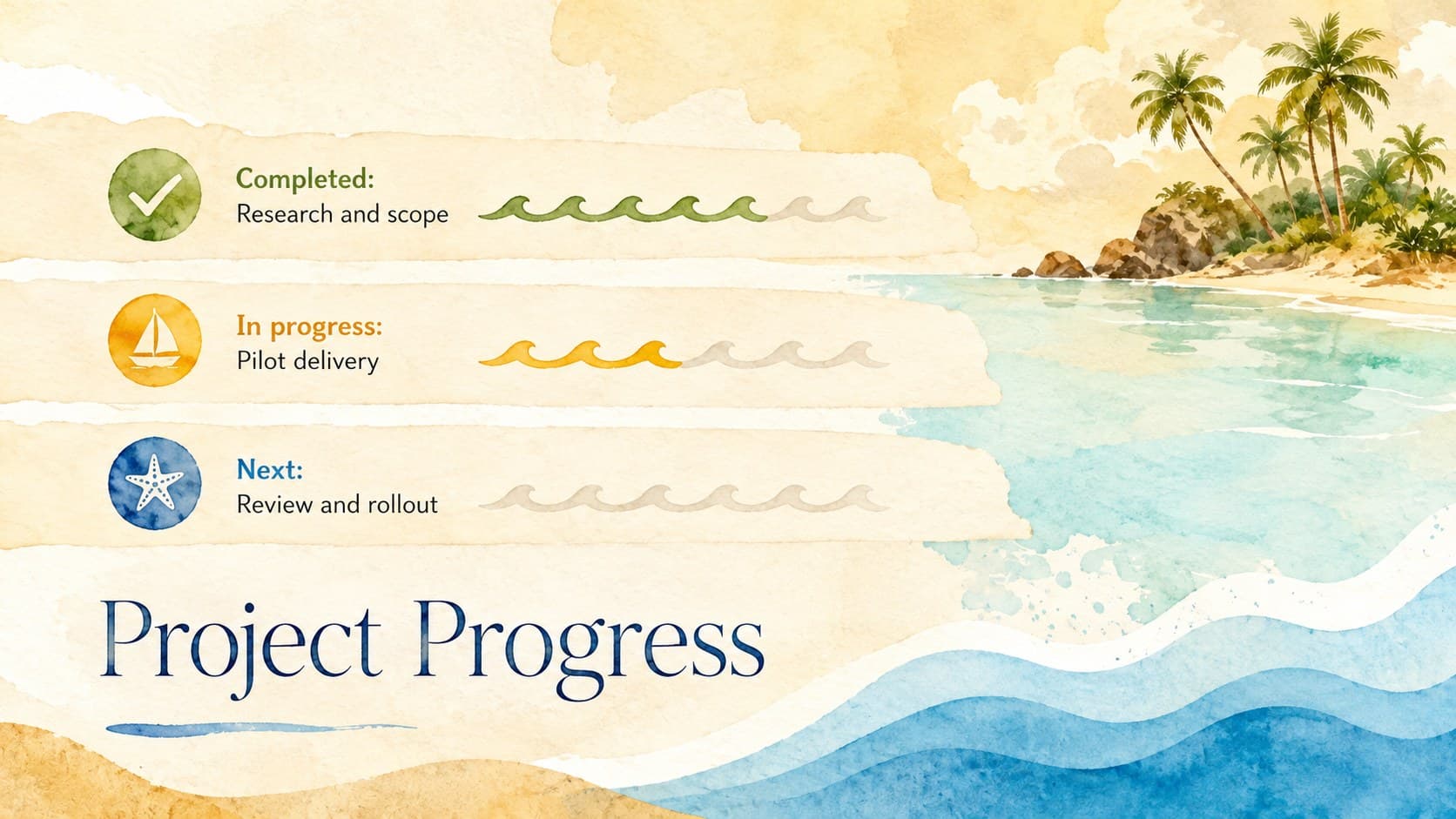 Tropical project update presentation showing completed, active, and upcoming work in three clear sections.