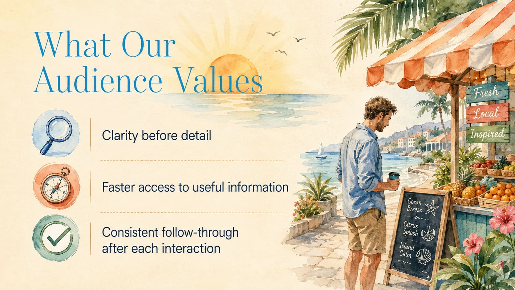 Seaside marketing strategy slide presenting audience needs, behaviors, and opportunities with watercolor illustrations.