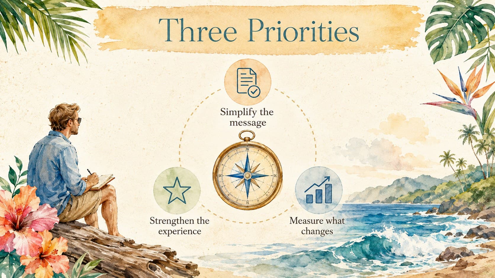 Beach themed team meeting template slide with three strategic priorities and fresh tropical watercolor graphics.