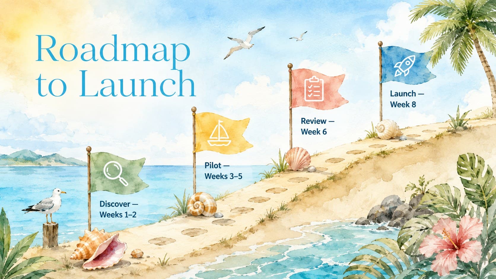 Coastal business timeline slide mapping discovery, pilot, review, and launch across a watercolor shoreline.