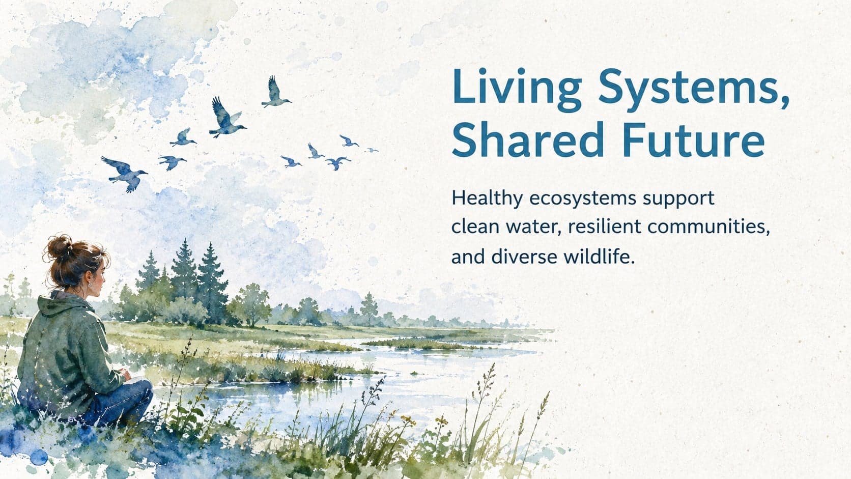 Watercolor environmental presentation slide introducing the connection between healthy ecosystems and communities.
