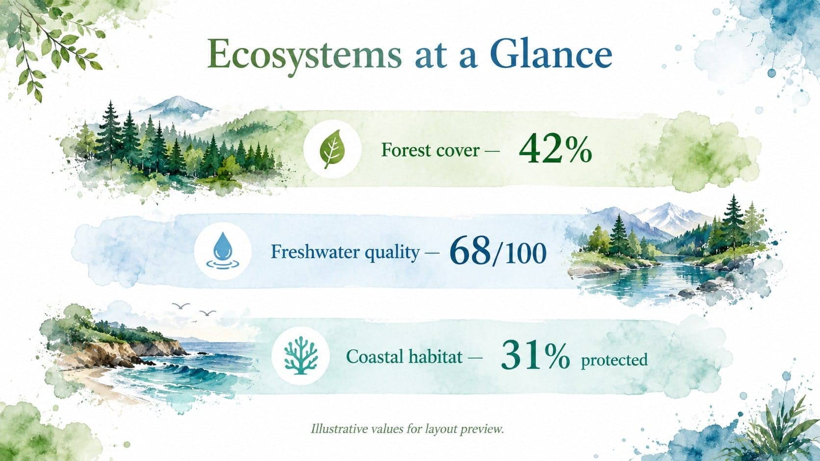 Watercolor ecology data slide showing forest, freshwater, and coastal habitat indicators.
