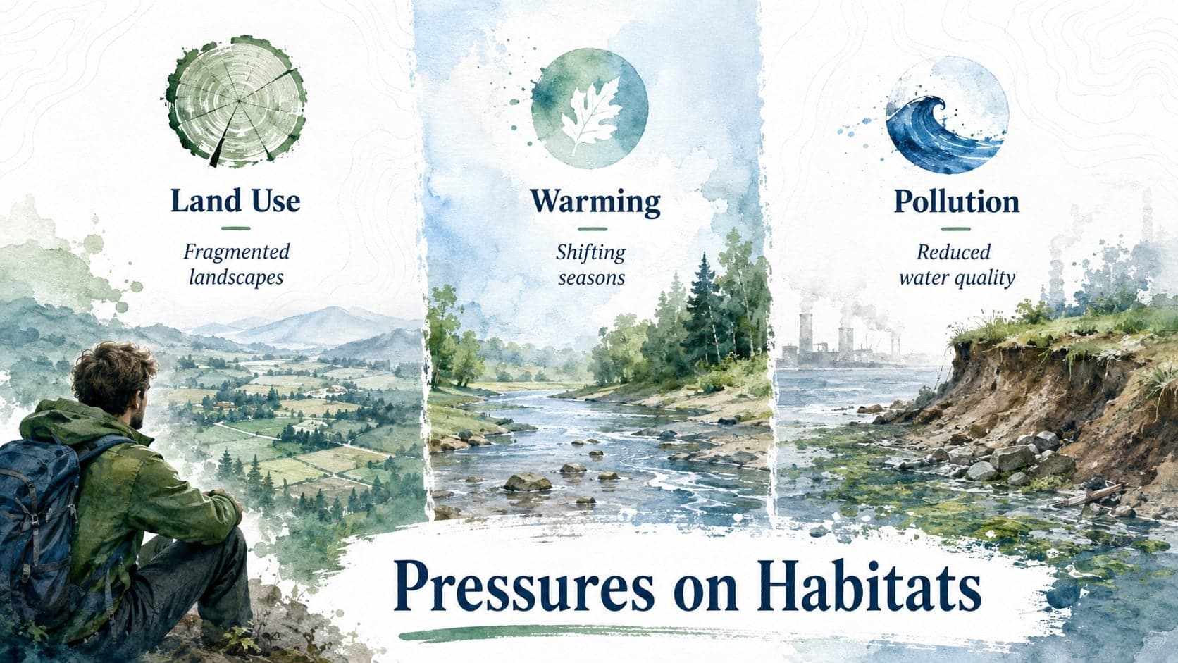 Climate change awareness slide deck page comparing pressures on forests, rivers, and coastal habitats.