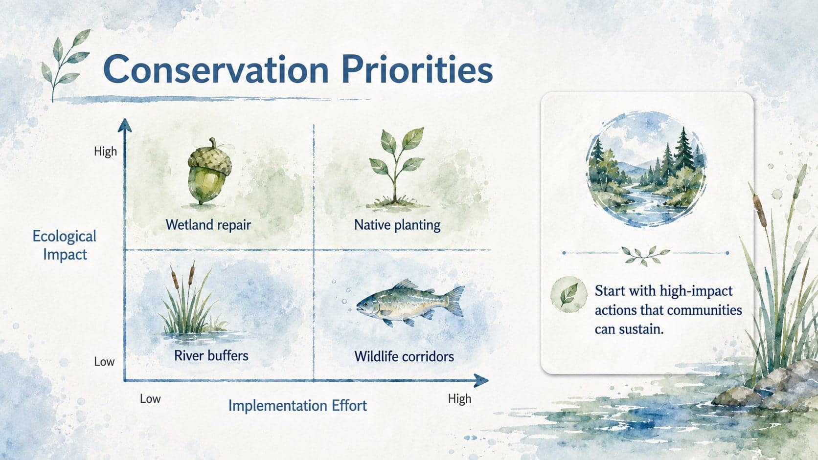 Watercolor conservation priority matrix comparing ecological impact and implementation effort.
