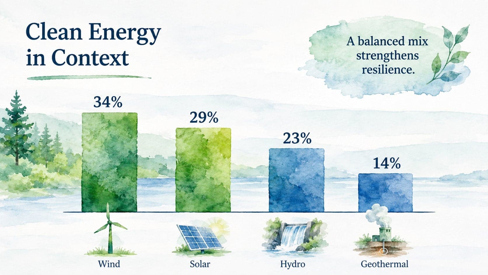 Green energy Google Slides template page with a clean-energy comparison chart and watercolor icons.