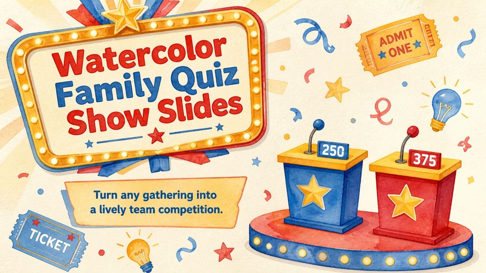 Cover for Watercolor Family Quiz Show Slides with a festive circus marquee, quiz podiums, and colorful painted decorations.