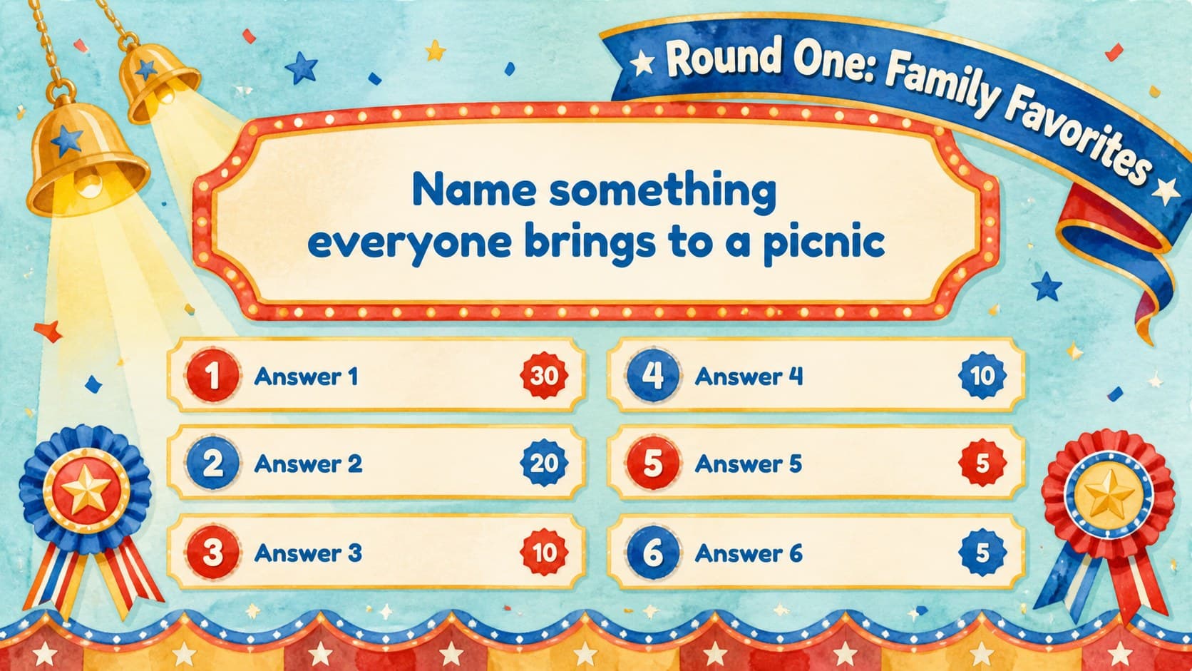 Interactive party quiz slide deck layout featuring a watercolor question board with six editable answer spaces.