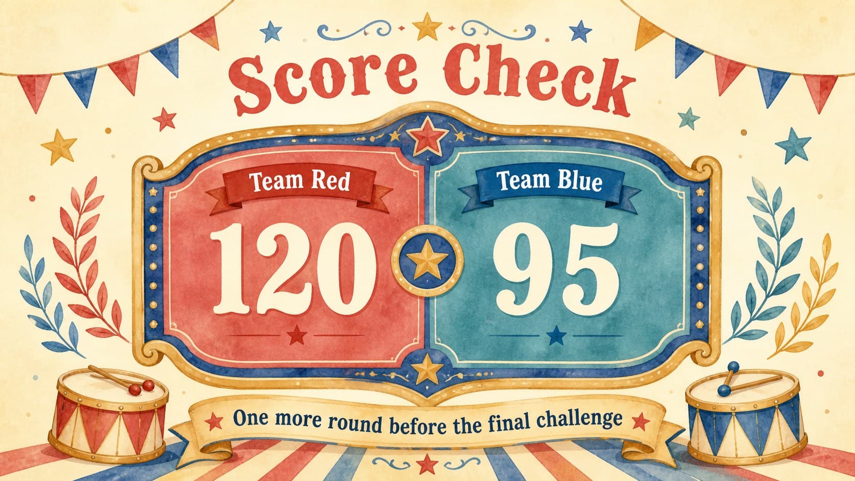 Colorful team guessing game scoreboard with watercolor circus accents and editable score totals for two teams.