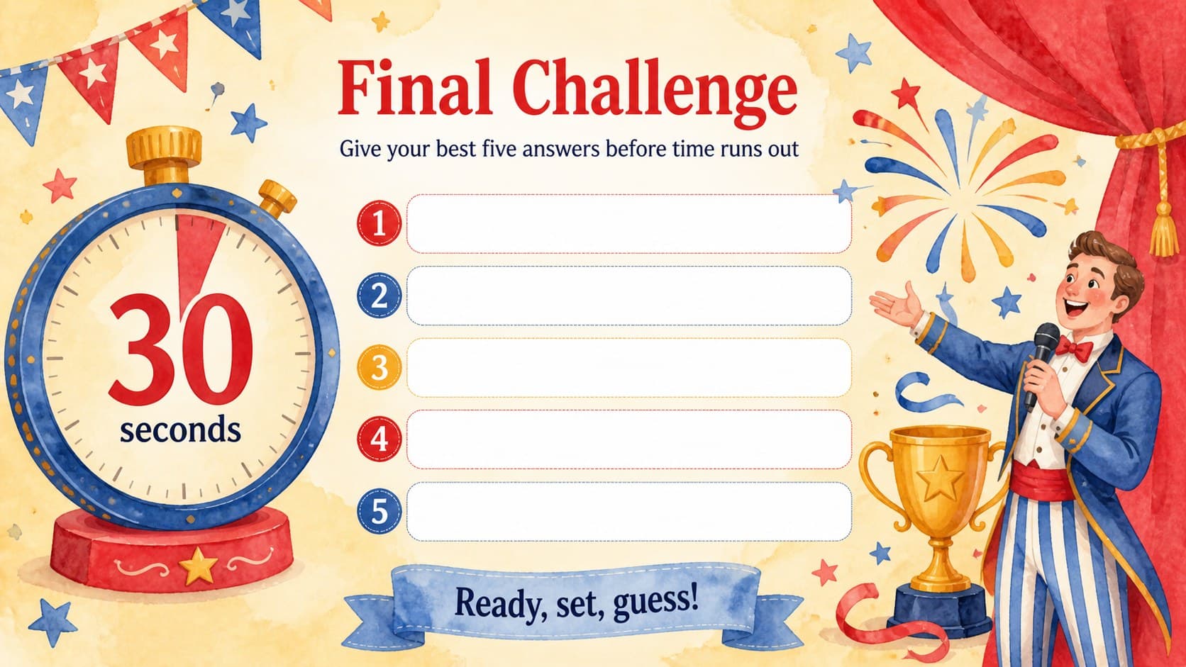 Final challenge layout from Watercolor Family Quiz Show Slides with a timer, answer lines, and celebratory circus artwork.