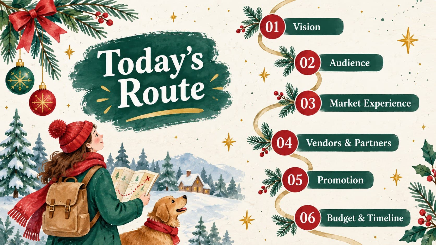 Festive market project agenda slide listing vision, audience, vendors, promotion, budget, and timeline.