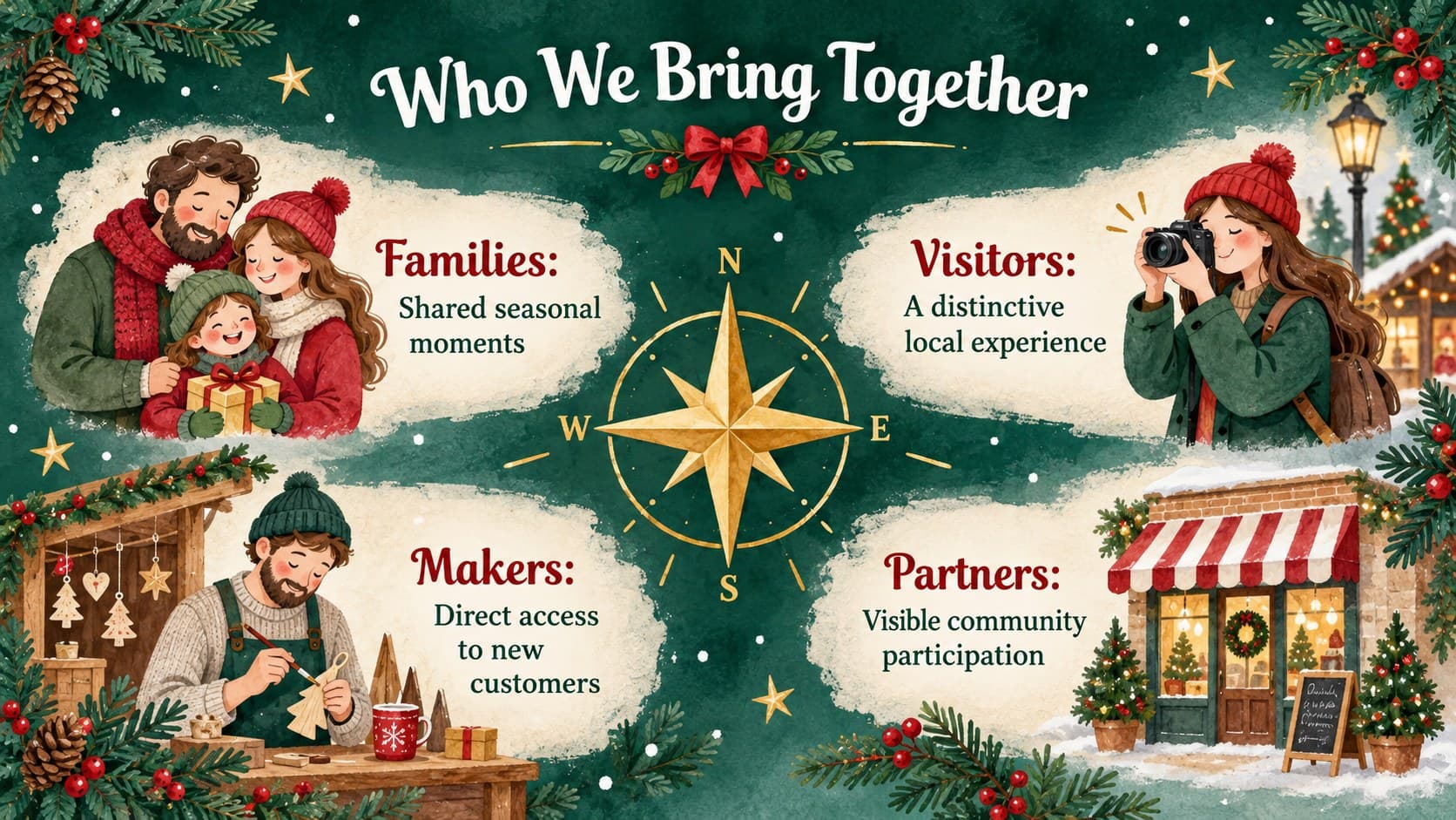 Seasonal event stakeholder proposal slide comparing families, visitors, makers, and local partners.