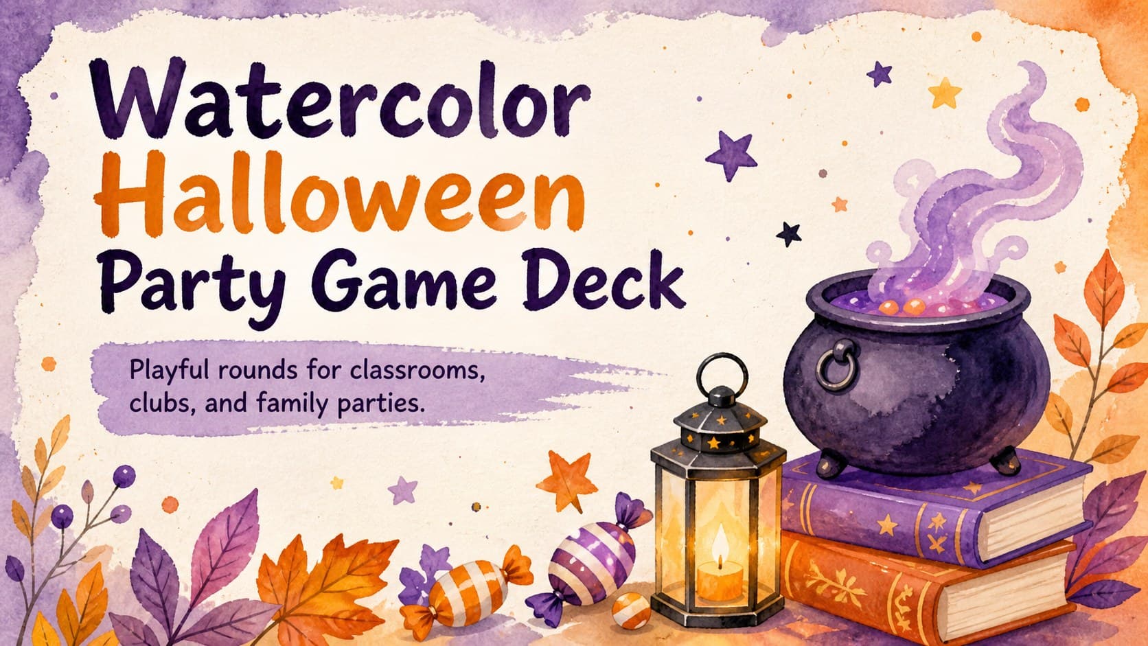 Cover of a watercolor Halloween party game deck with cheerful seasonal illustrations and a bold event title.