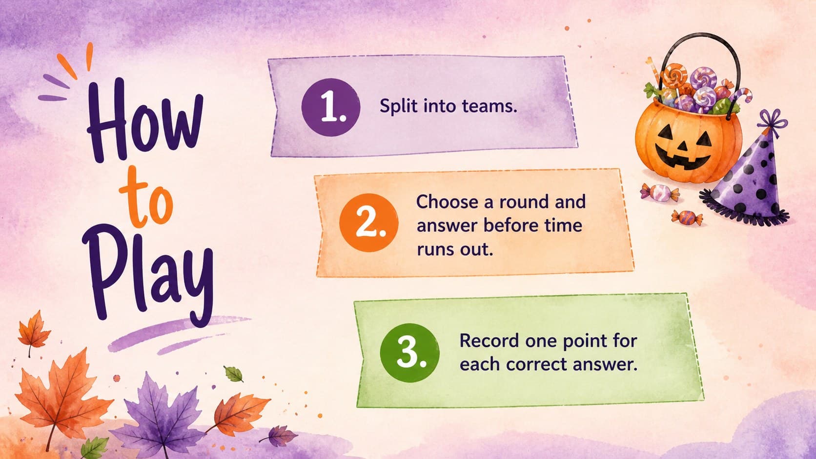 Colorful how-to-play slide explaining the rules for a classroom Halloween game presentation.