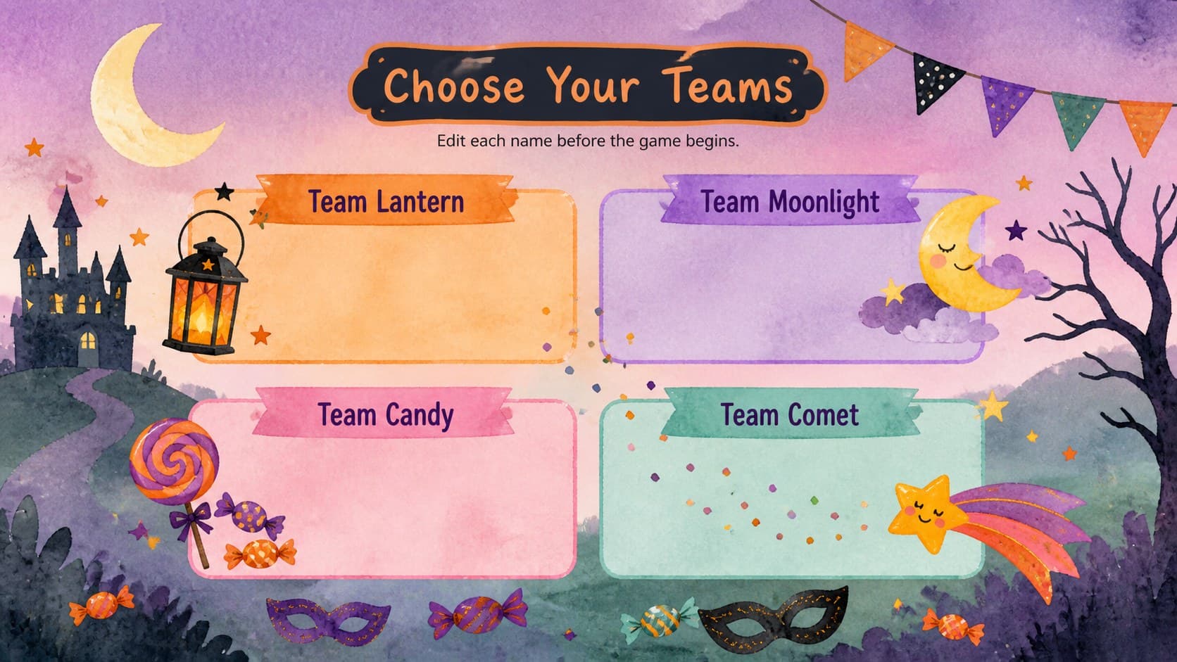 Halloween team setup slide with editable spaces for names in a colorful watercolor party quiz.