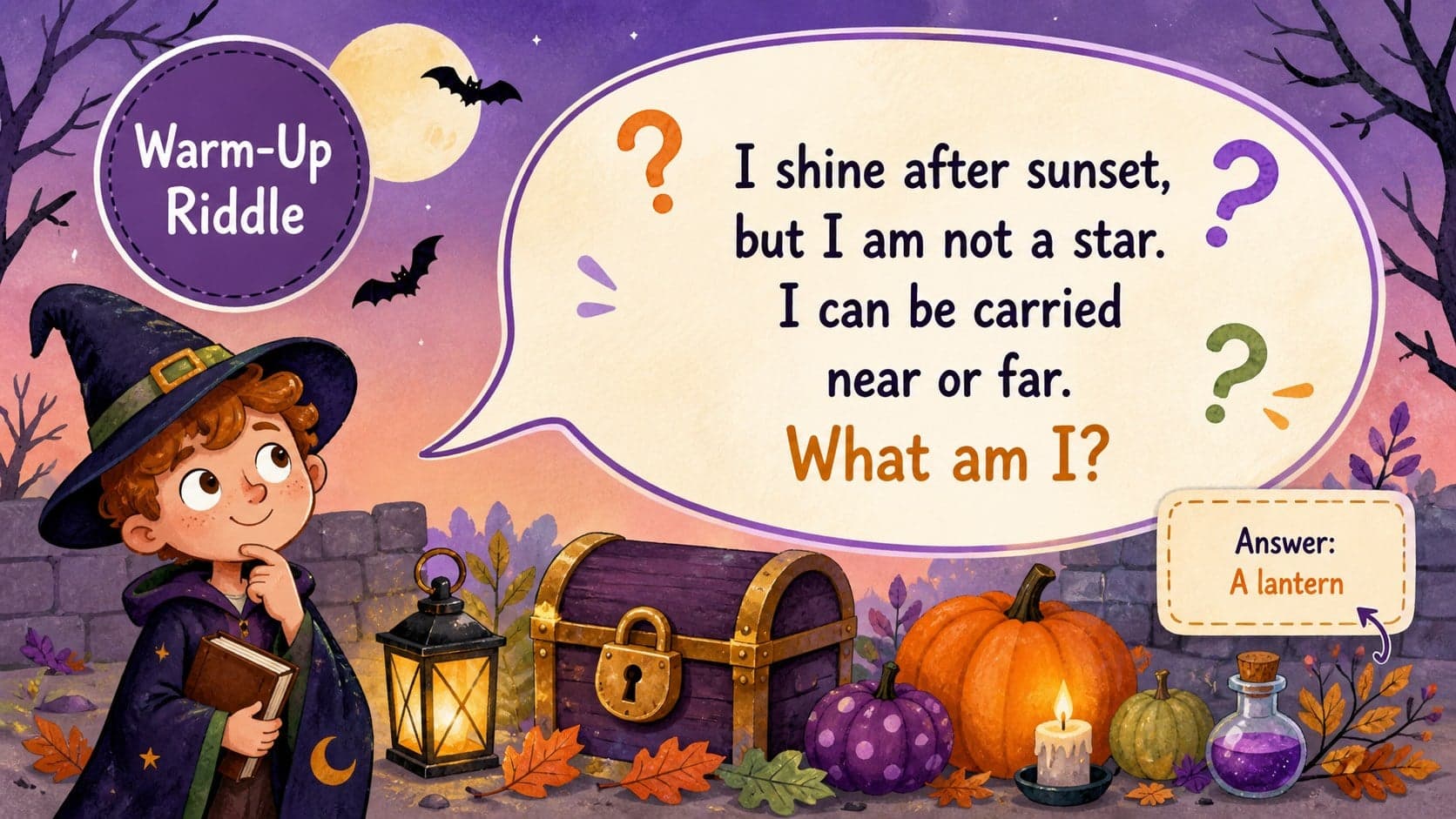 Warm-up riddle slide from an editable Halloween game deck for children and classroom teams.