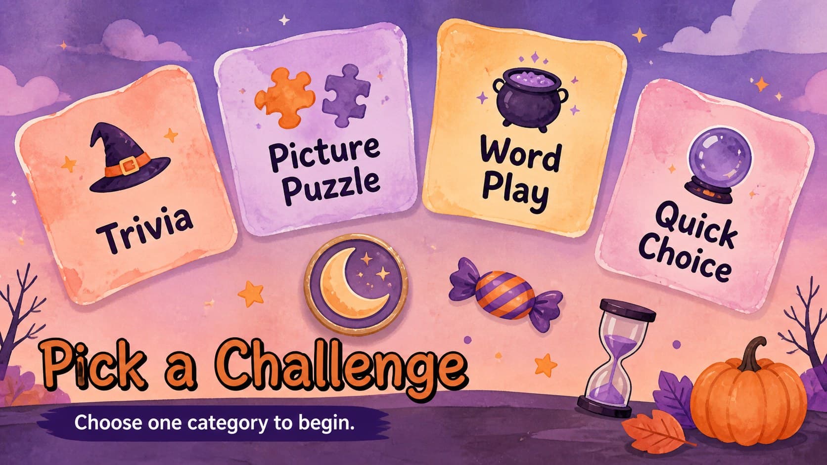 Round selection board with four colorful categories for a Halloween party quiz for kids.