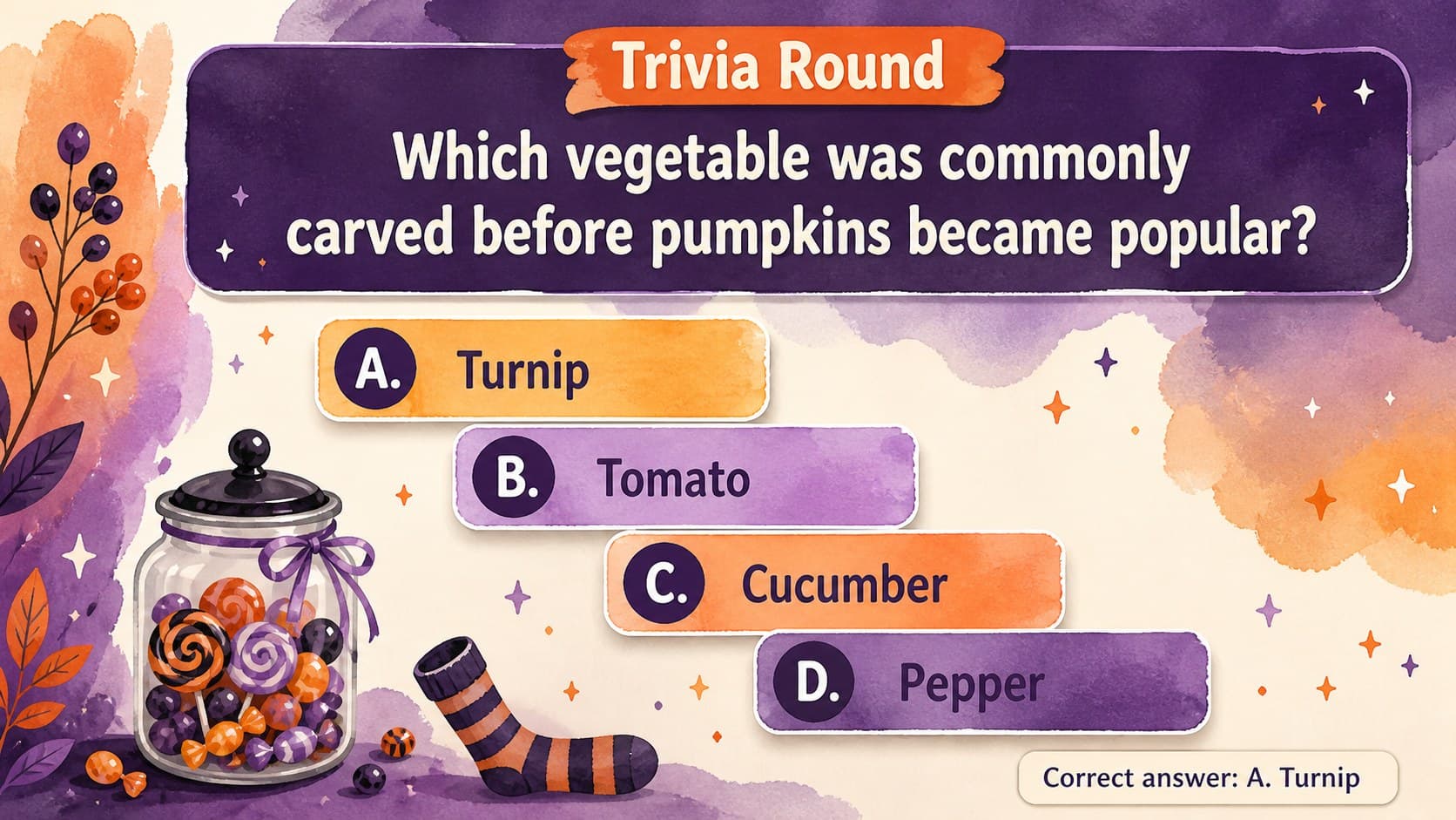 Watercolor Halloween trivia question slide with four editable multiple-choice answers.