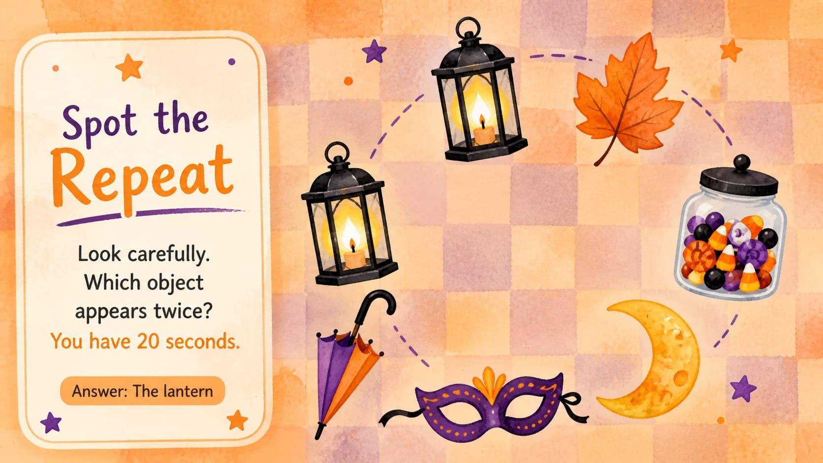 Picture puzzle slide featuring watercolor Halloween objects for an interactive October classroom activity.