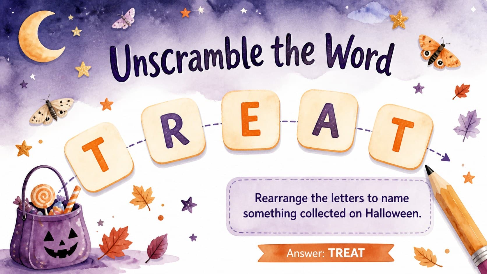 Halloween word scramble activity slide with colorful watercolor letters and an editable answer.