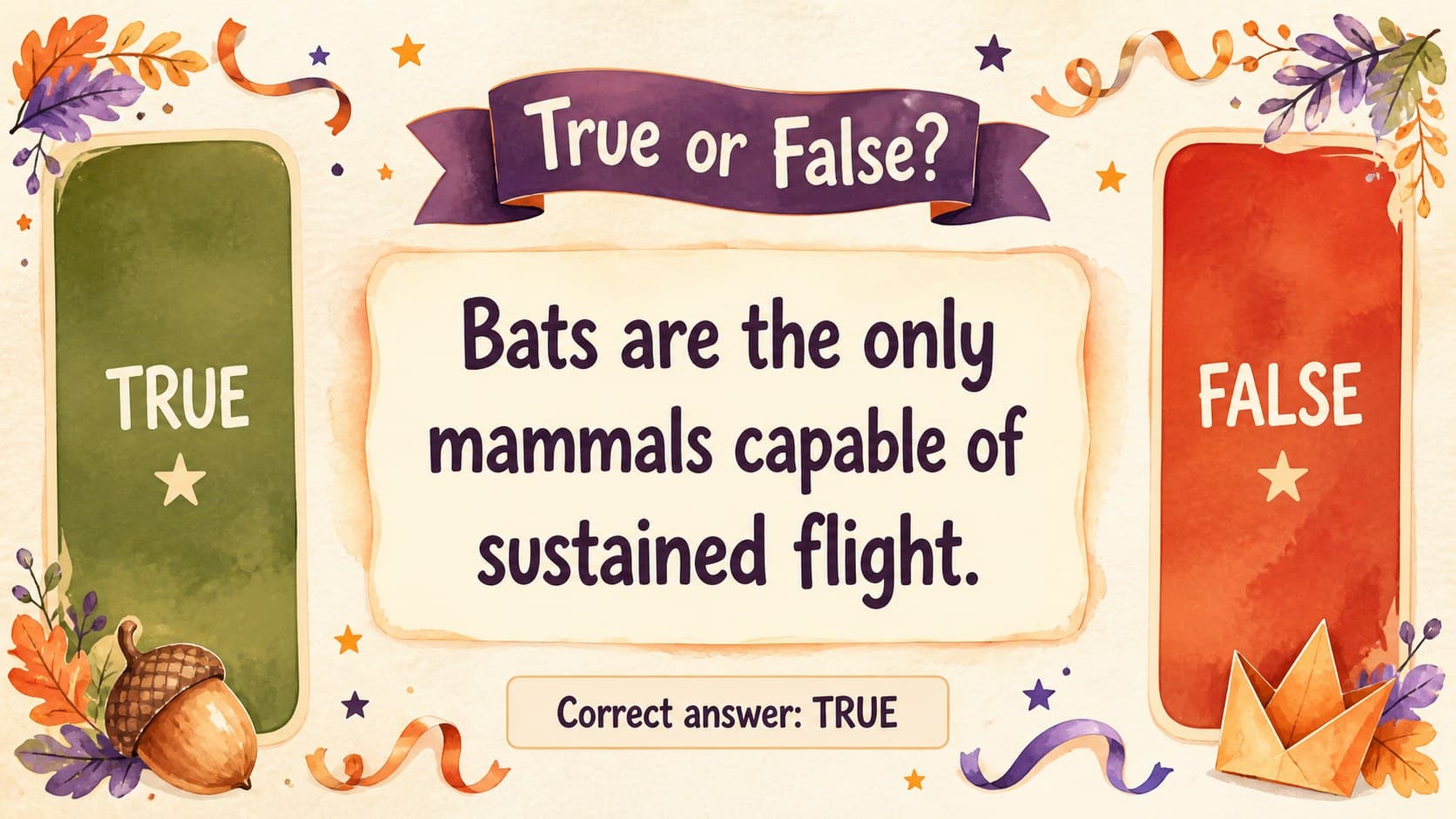 True-or-false question slide for a kid-friendly watercolor Halloween team challenge.