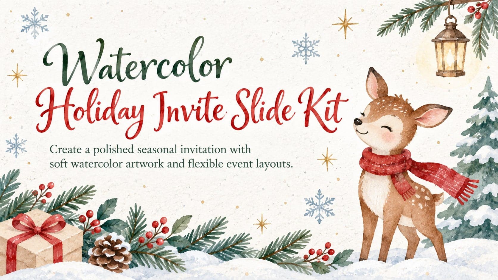 Cover for the Watercolor Holiday Invite Slide Kit with pastel winter artwork and an elegant seasonal invitation title.
