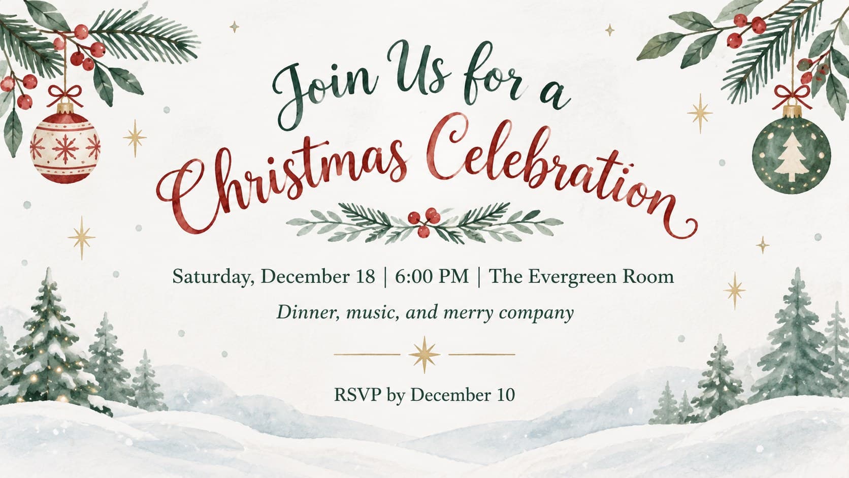 Editable watercolor Christmas invitation slide with date, time, location, and RSVP details.