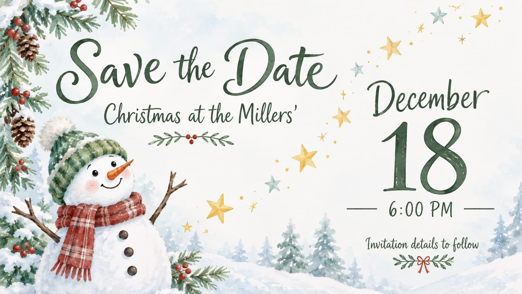 Pastel winter save-the-date slide with watercolor greenery and Christmas party information.