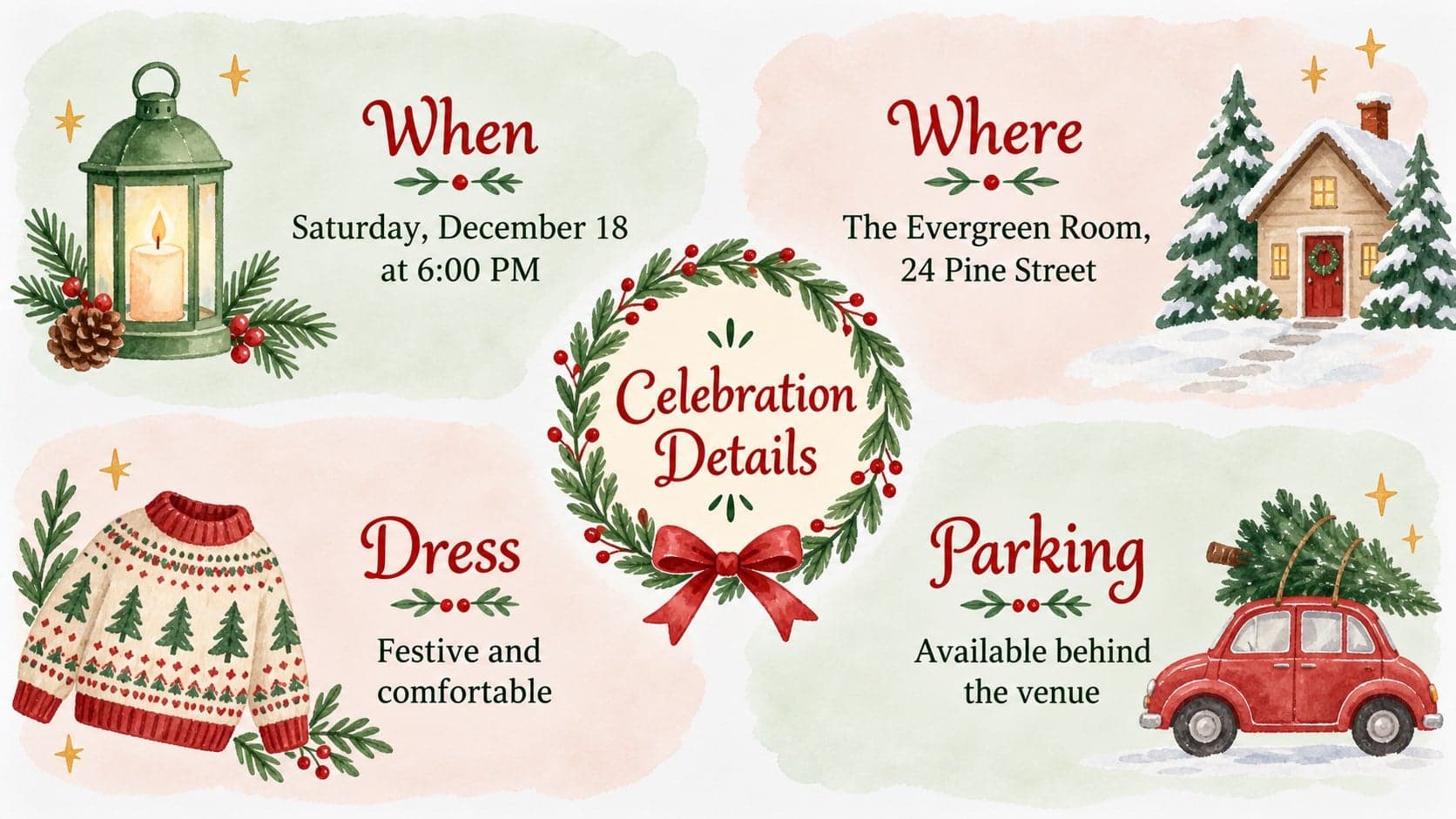 Watercolor holiday event details slide showing venue, schedule, dress code, and parking information.
