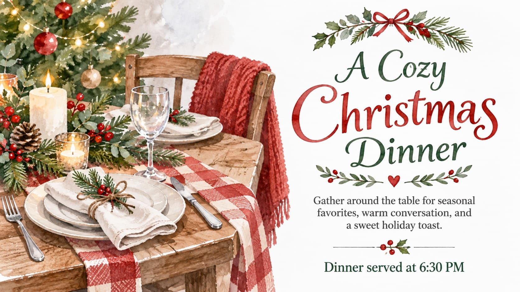 Christmas dinner invitation presentation slide with a watercolor table setting and festive menu preview.