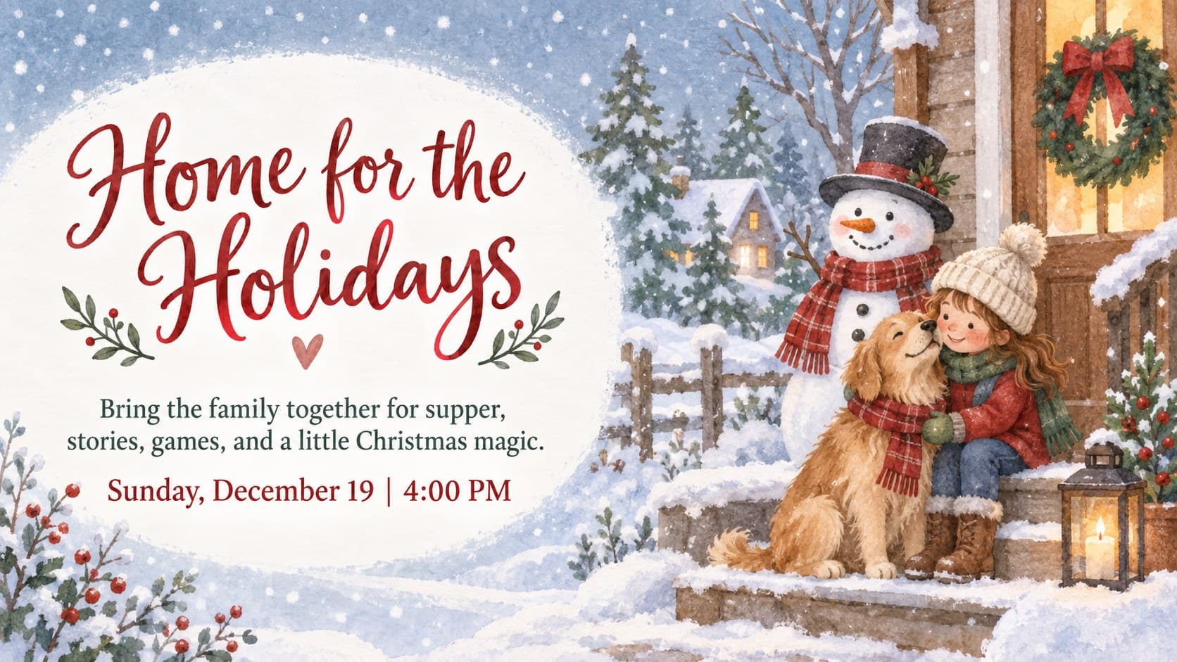 Family holiday gathering invite deck slide with original watercolor winter characters and a welcoming message.